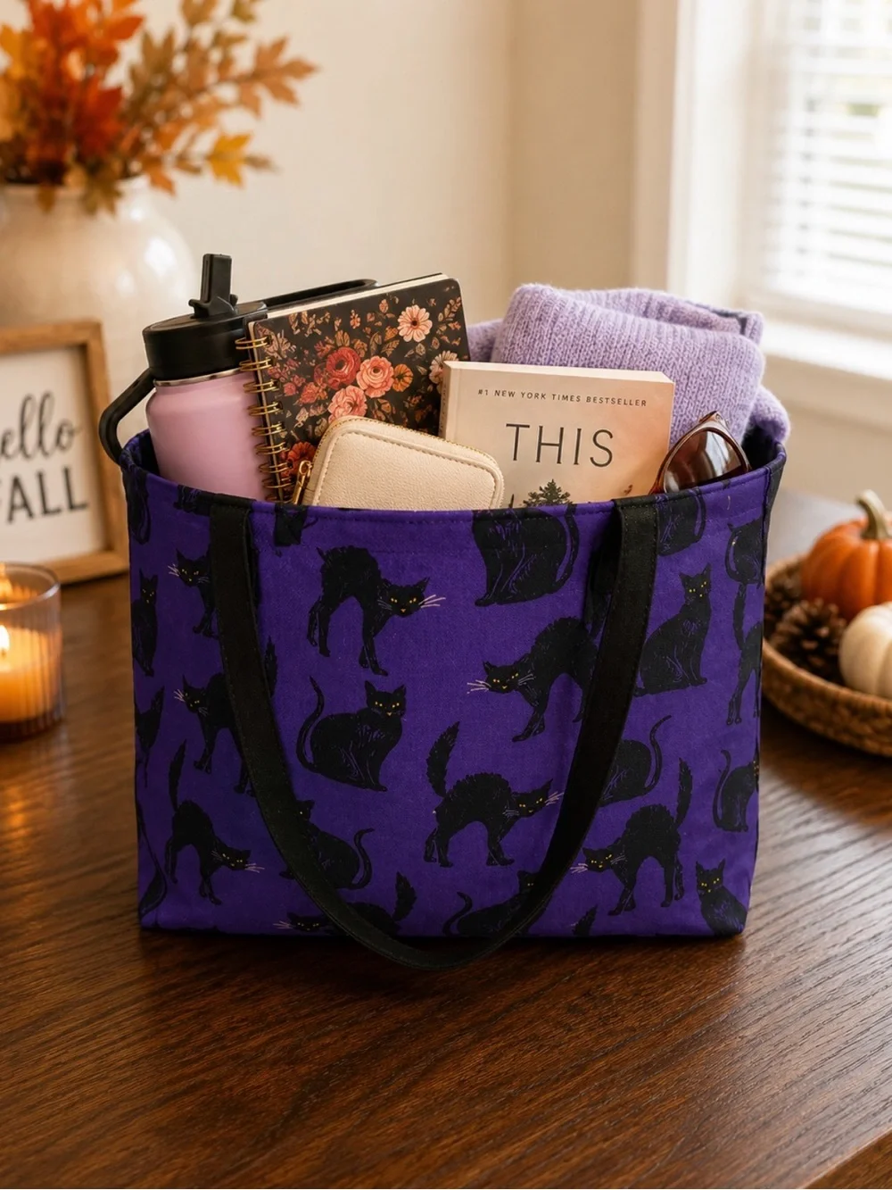 SOLD Purple Cat Print Tote Bag